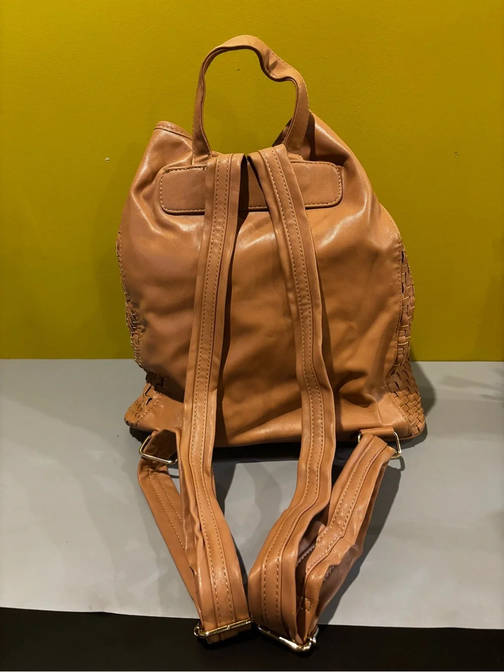 Woven Drawstring Bucket Bag in Tan